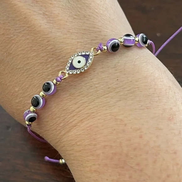 Evil eye purple bead gold tone adjustable bracelet - Picture 1 of 5